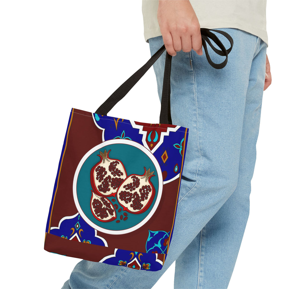 Pomegranate Tile Tote Bag — Mediterranean Pattern All-Over Print